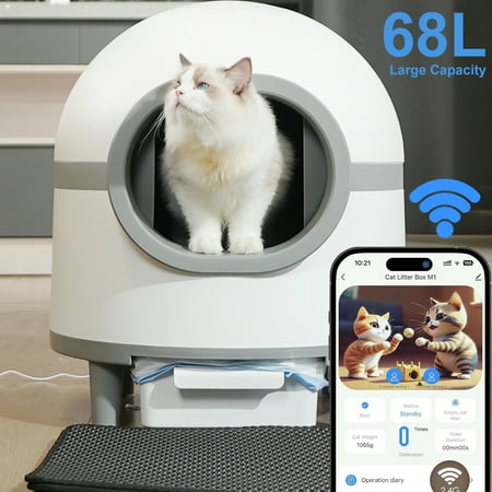 Self Cleaning Cat Litter Box, Large Automatic Cat Litter Box for Multiple Cats with APP Control Odor Removal Safety Protection with 15PCS Cat Litter Bags