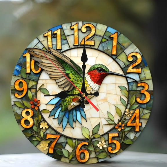 Stained Glass Hummingbird Wall Clock Home Decor_2 10-Inch Silent Wooden Wall Clock, Battery Operated (AA Batteries Not Included), Artistic Home Decor