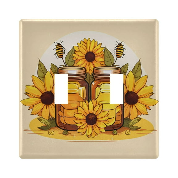 2 Gang Light Switch Cover Plate Sunflowers Honey Jars Bee Wall Plate Decorate Electrical Outlet Cover Plates 4.56”x4.48”