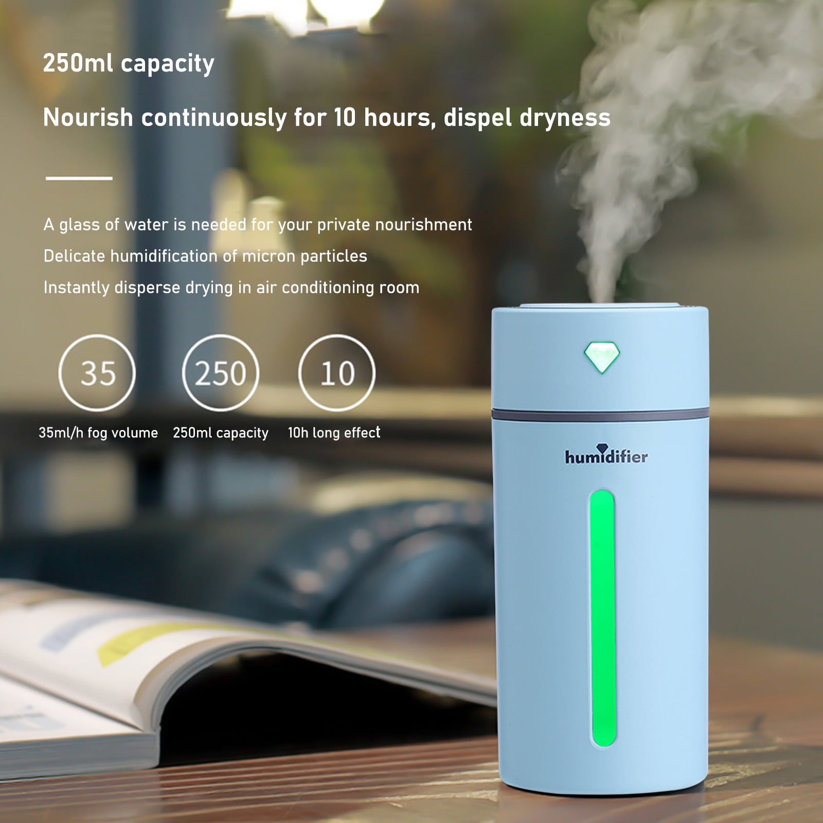 Humidifier Large Room,Portable Quiet Diamond Cup Desktop Cool Mist Humidifier (Sky Blue),for Baby Nursery and Plant