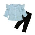 thumbnail image 4 of AUDeals Toddler Girl Clothes Girls Fall Outfits Kids Clothing Winter Long Sleeves Ruffle Hems Top Pant Set, 2 Piece Casual Outfit Set (Blue, 5-6 Years), 4 of 6