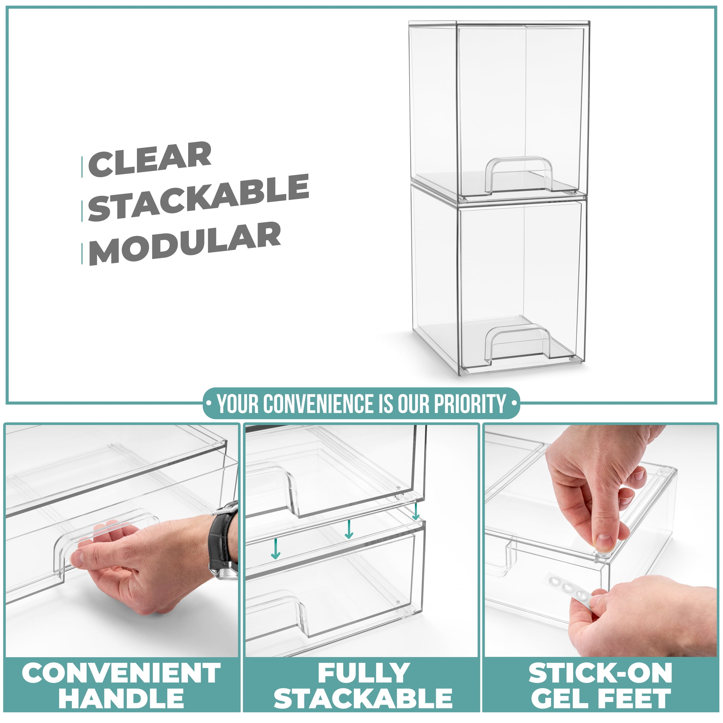 Sorbus Acrylic Storage Containers - 2 Pack, Stackable Storage Bins Set for Bathroom Organization - Clear Acrylic Drawer Organizers - Makeup Case Pull-Out Drawers (7.6’’ Tall)
