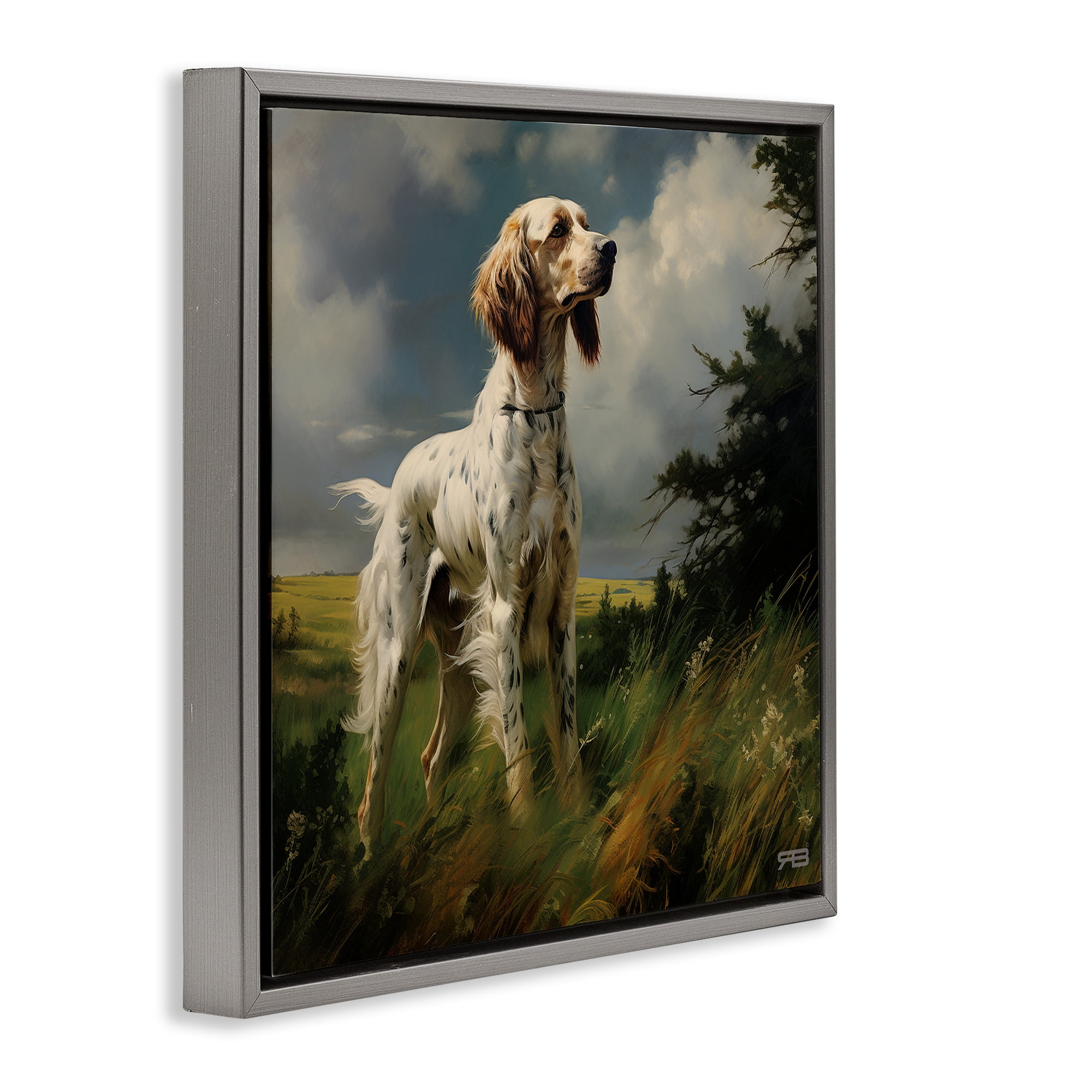 Stupell Industries Windswept Country Dog Landscape Painting Gray Floater Framed Canvas Art Print Wall Art, 18 x 18