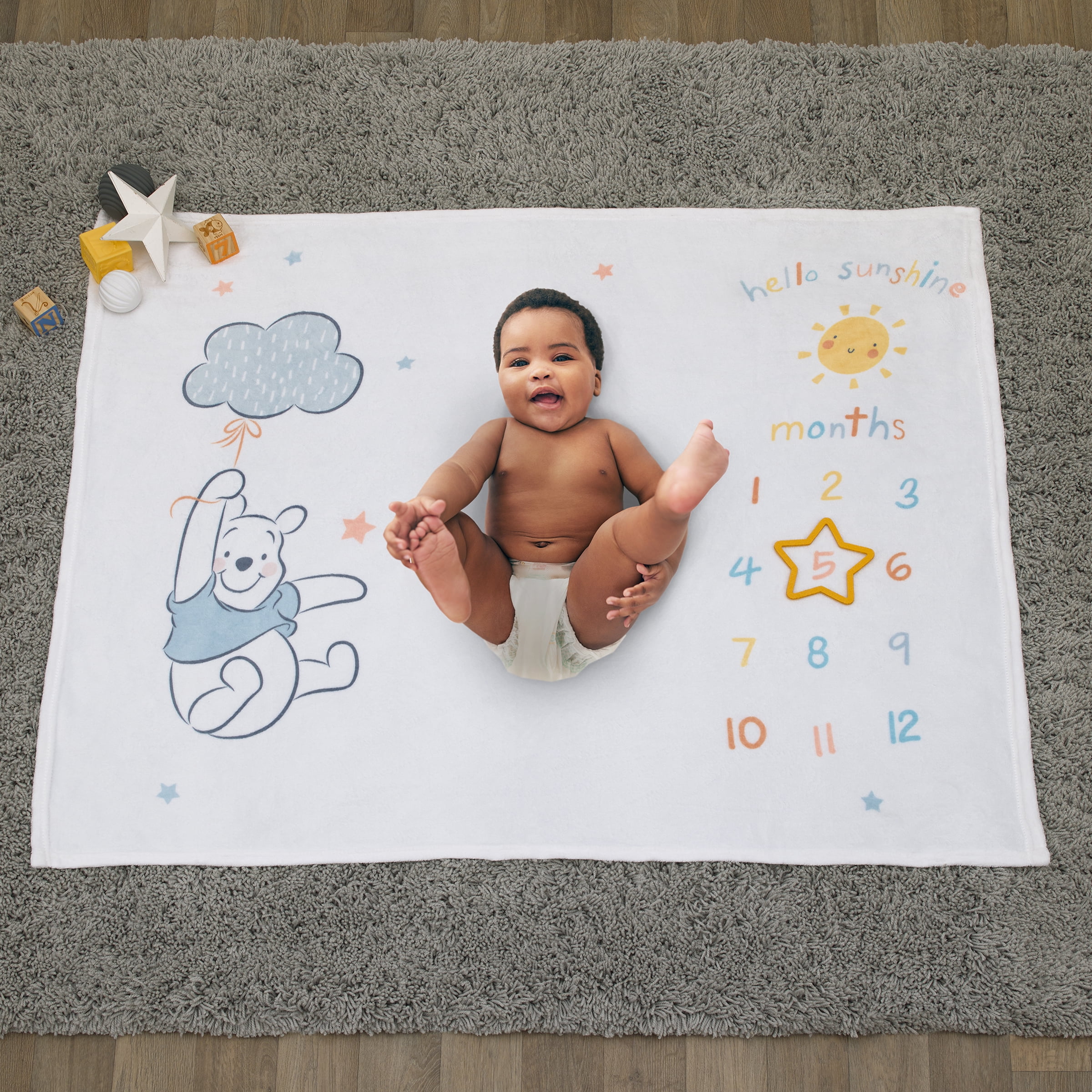 Disney Winnie the Pooh White, Yellow, Aqua Milestone Baby Blanket