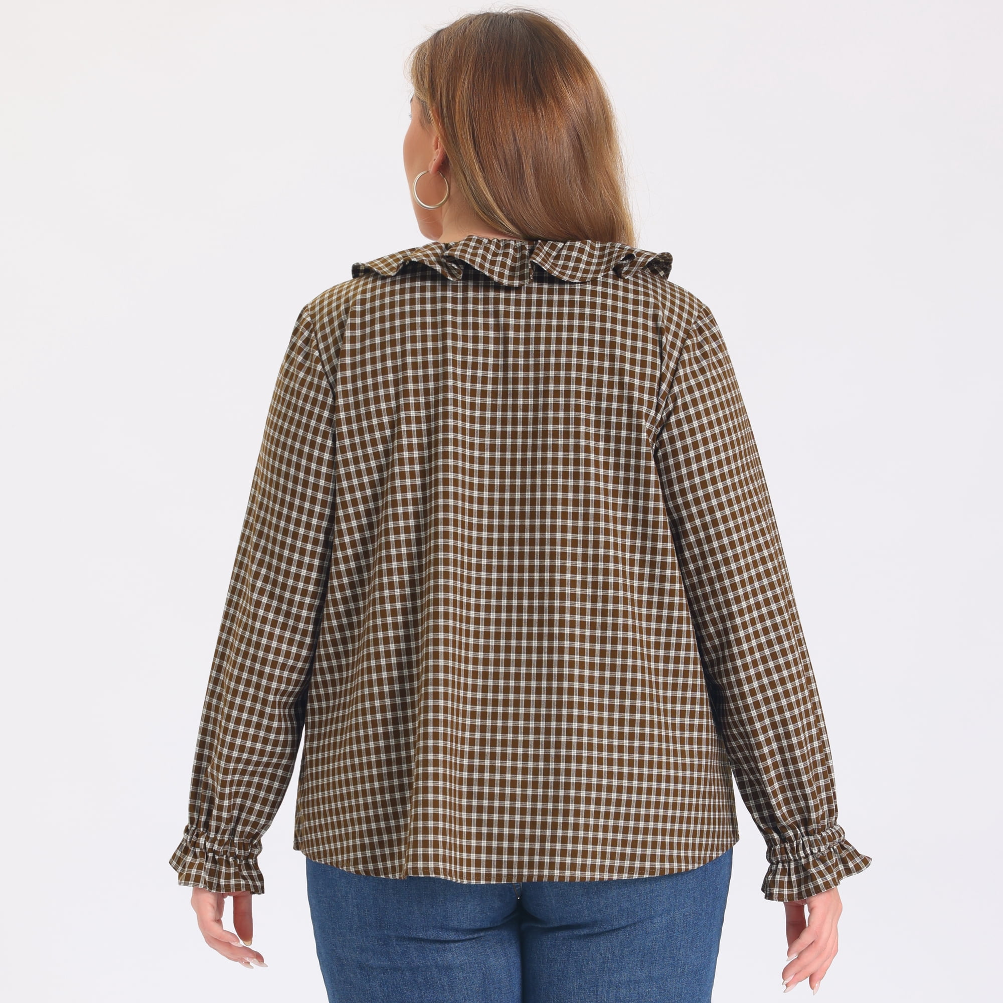 DARING DIVA Women's Plus Plaid Ruffle V Neck Lantern Tops 2X Brown
