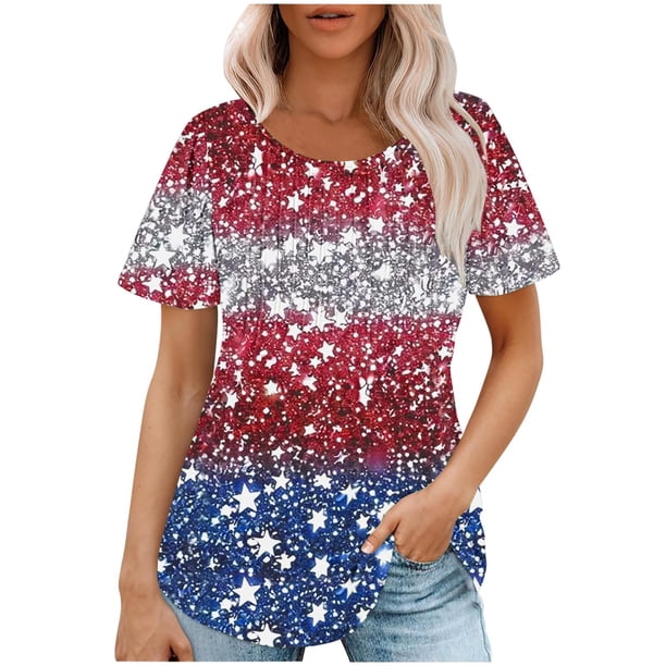 Fiudx Camisetas para Mujer Top Estampado con Cuello Redondo y Manga Corta Informal para Mujer a La Moda