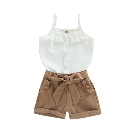 

Kids Baby Girls Casual Suit Solid Ruffled Sleeveless Sling Tops Loose Shorts Summer Clothes Outfits White 1-2 Years