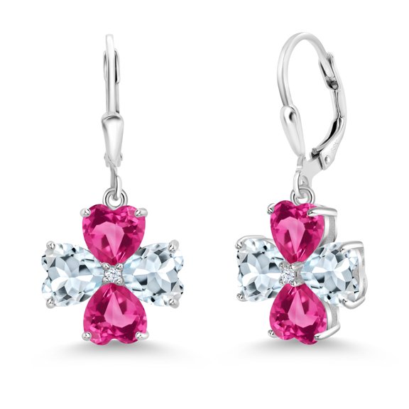 Gem Stone King 925 Sterling Silver Sky Blue Aquamarine and Pink Created Sapphire Dangle Earrings for Women (6.14 Cttw, Gemstone March Birthstone, Heart Shape 6MM)