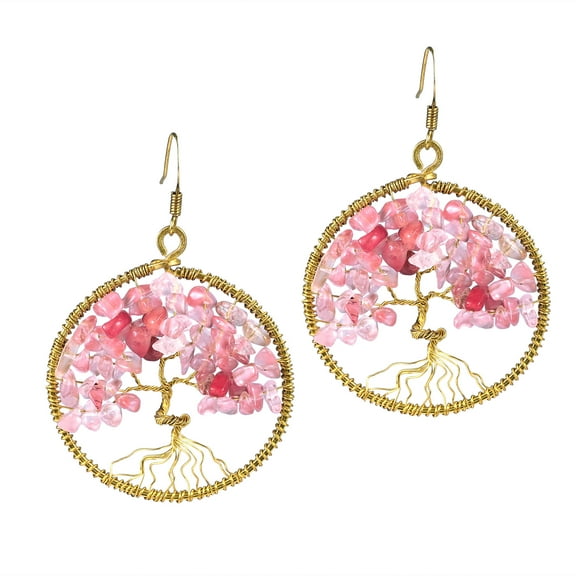 Eternal Tree of Life Colored Pink Glass Branch Brass Dangle Earrings
