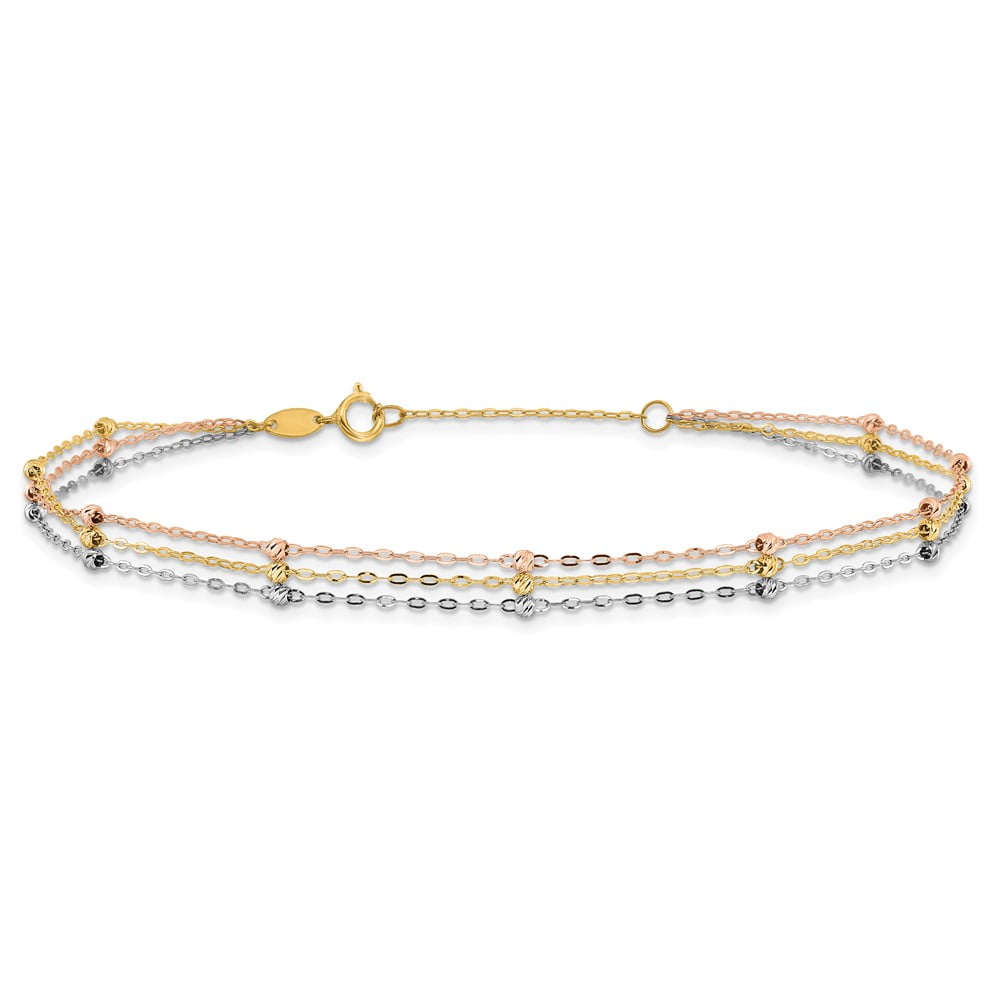 Primal Gold 14 Karat Tri-color 3-Strand Diamond-cut Beaded 9-inch Plus 1-inch Extension Anklet