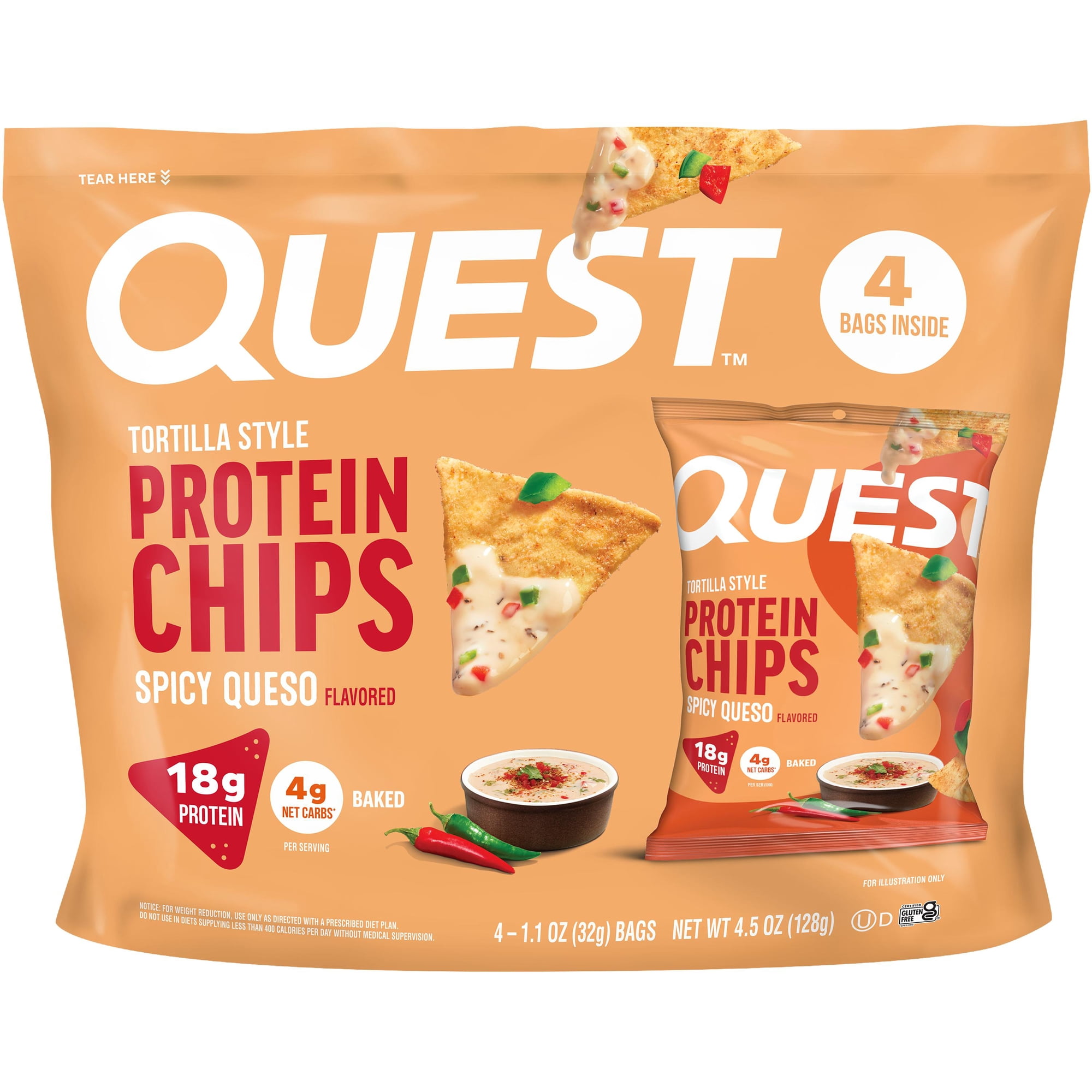 Quest Spicy Queso Flavored Tortilla Style Protein Chips, High Protein*, Low Carb*, Gluten Free, 4 Count