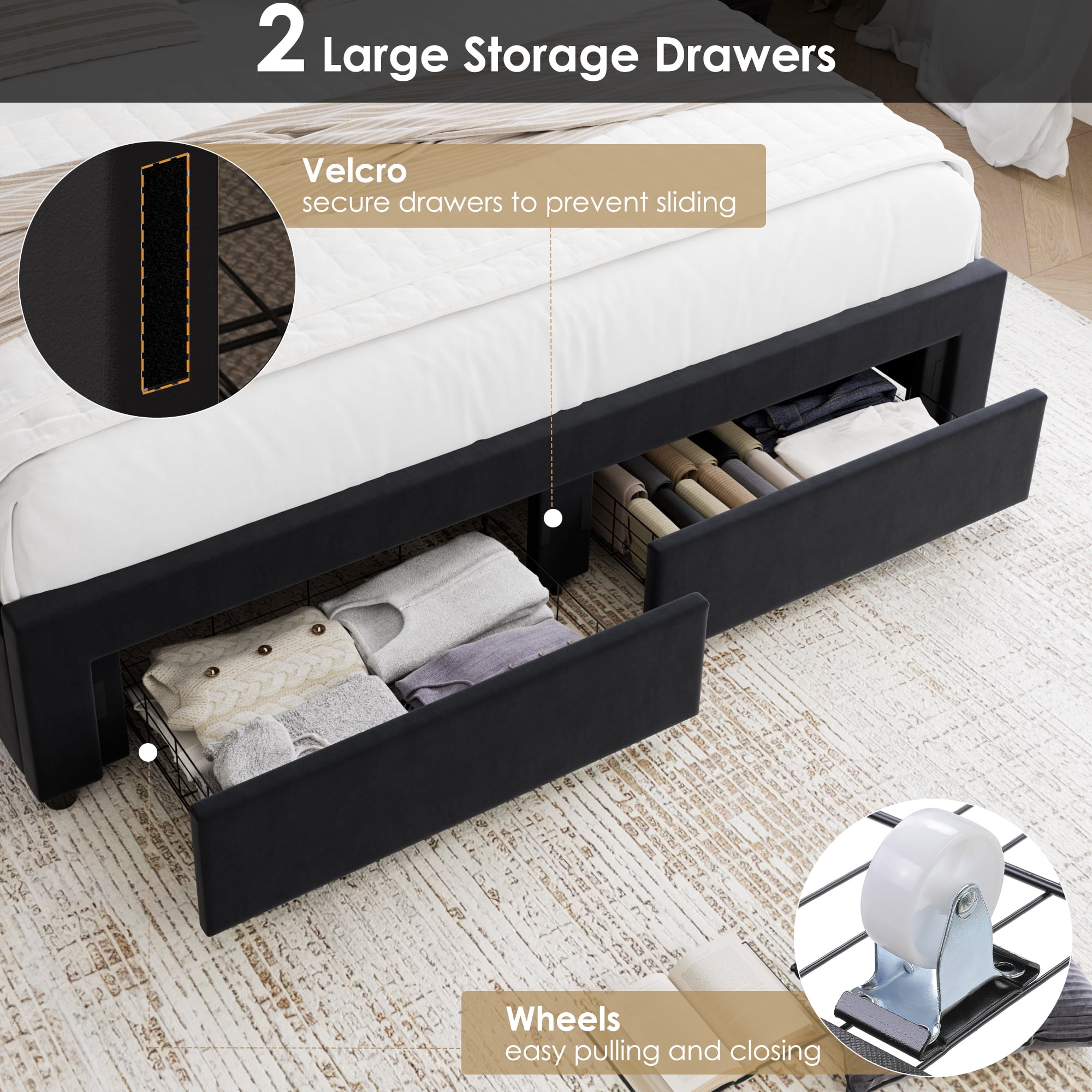 Homfa Queen Size LED Bed Frame with 2 Drawer Storage, Wingback Platform Bed with Velvet Upholstered Headboard, Black
