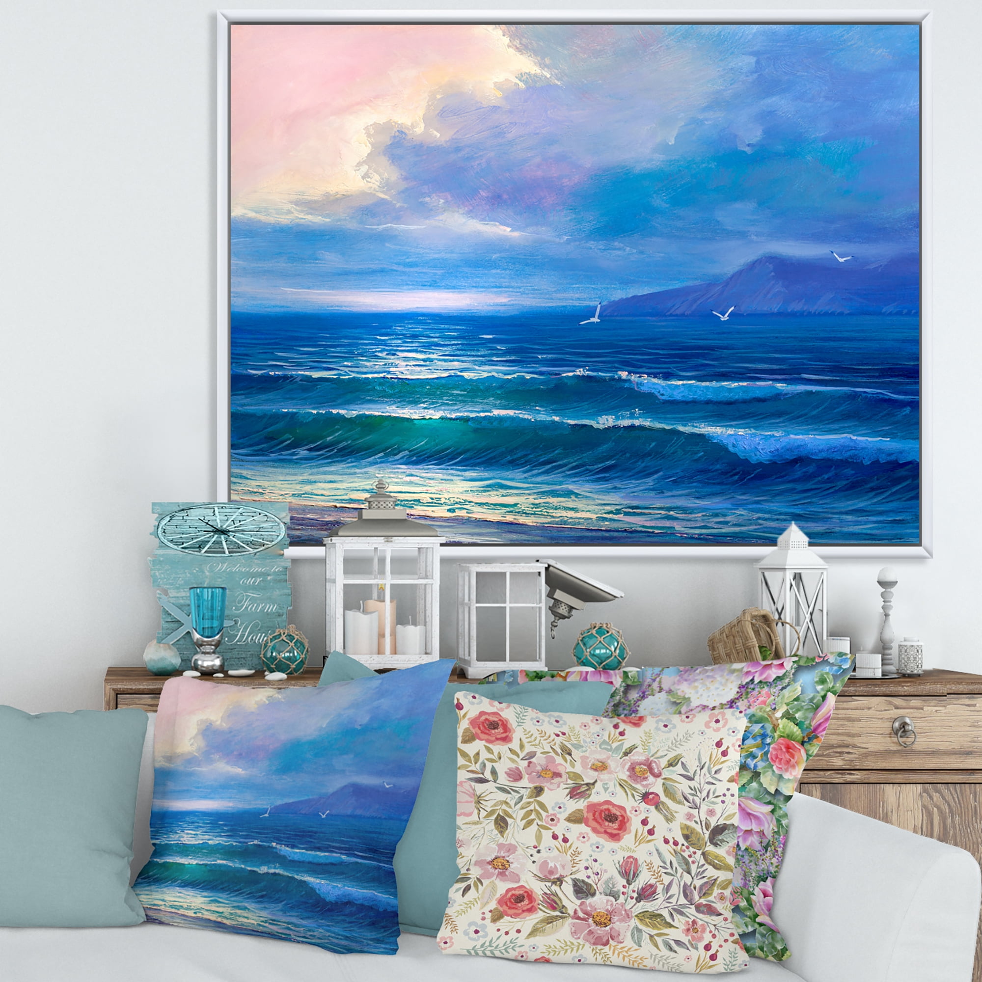 Sunrise Glow On The Sea Waves I 32 in x 24 in Framed Painting Canvas Art Print, by Designart