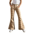 thumbnail image 3 of Resicozy Girls Plaid Flare Pants High Waist School Uniform Y2K Bell Bottoms Back to School Button Trousers with Pockets 5-15 Years Khaki 170, 3 of 10