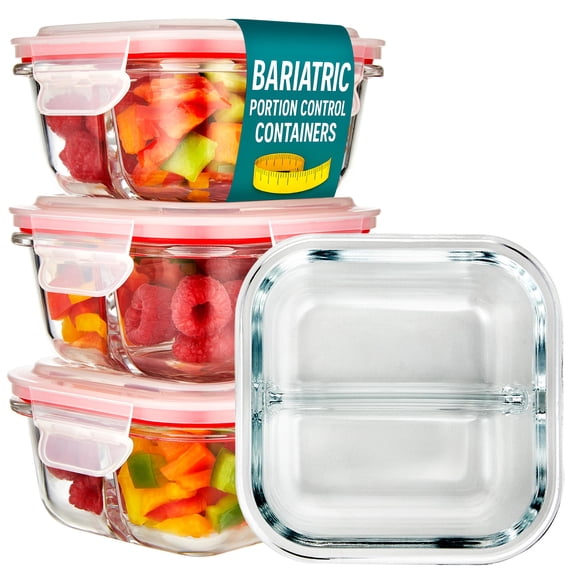 Glass Portion Control Bariatric Containers (3 Pack), 1 Cup Food Containers with Two 4 oz Compartments, 4oz Food Storage Containers for meal prep, Microwave Safe Glass Portion Containers with Lids