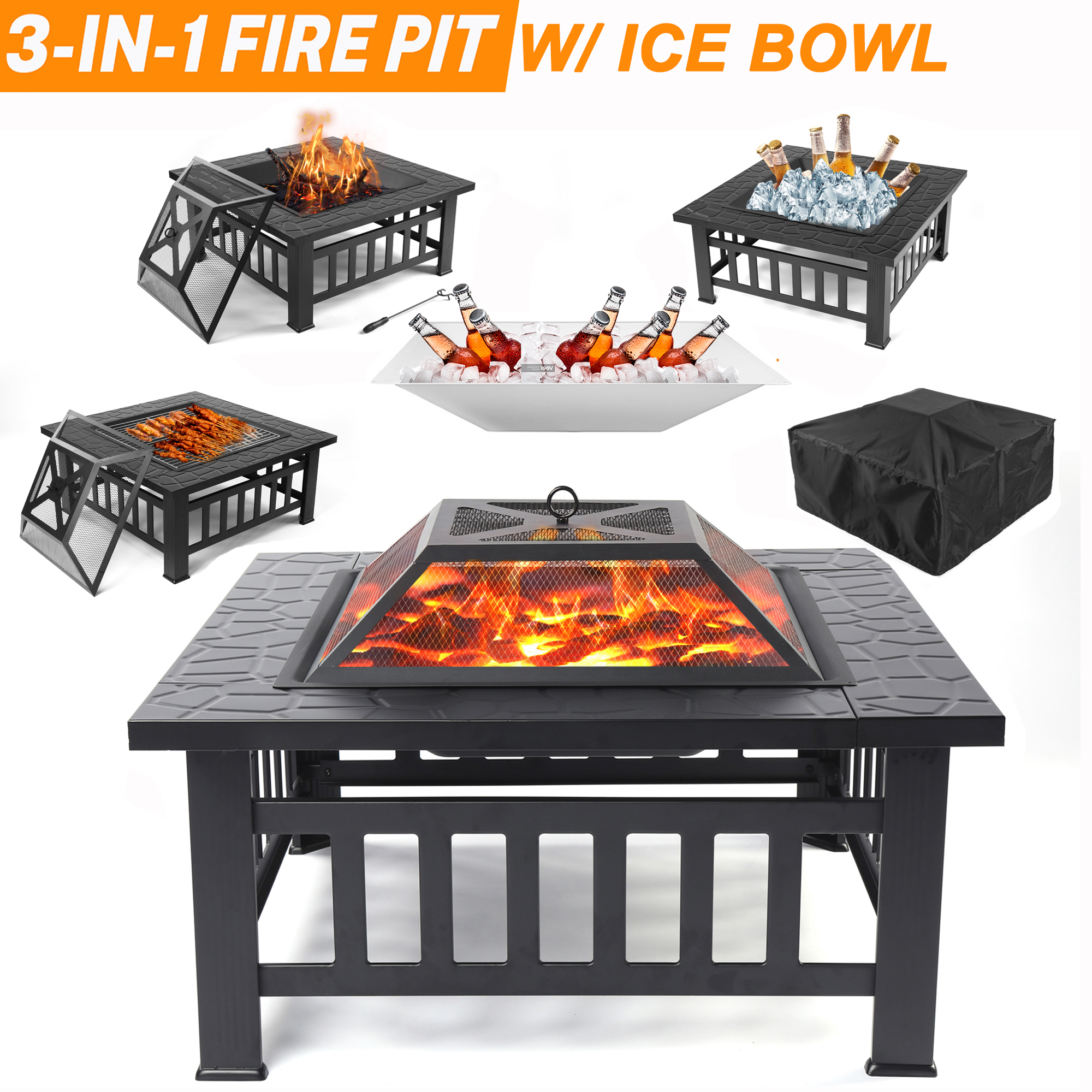 Outdoor Fire Pit Set, Multifunctional Metal Fire Pit Table Wood Burning