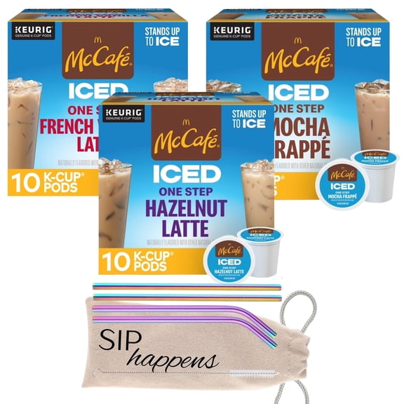 Mc Cafe Iced Coffee K Cups Variety Pack With Stainless Steel Straws Gift Set Includes Hazelnut Mocha Frappe' French Vanilla with Iridescent Straws Brush Cleaner Drawstring Bag
