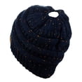 thumbnail image 3 of C.C BeanieTail Soft Stretch Cable Knit Messy High Bun Ponytail Beanie Hat, Confetti Navy, 3 of 4