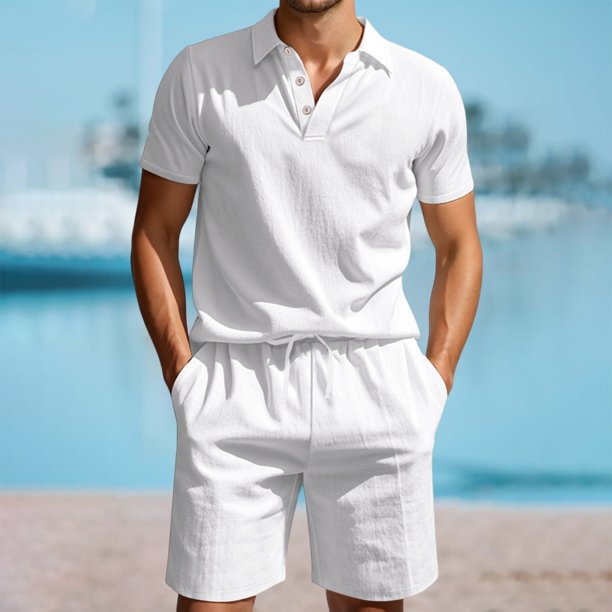 WILLBEST Traje de Verano para Hombre, de Carga Corta, Holgado, Informal, Transpirable, de Manga Corta, de Lino