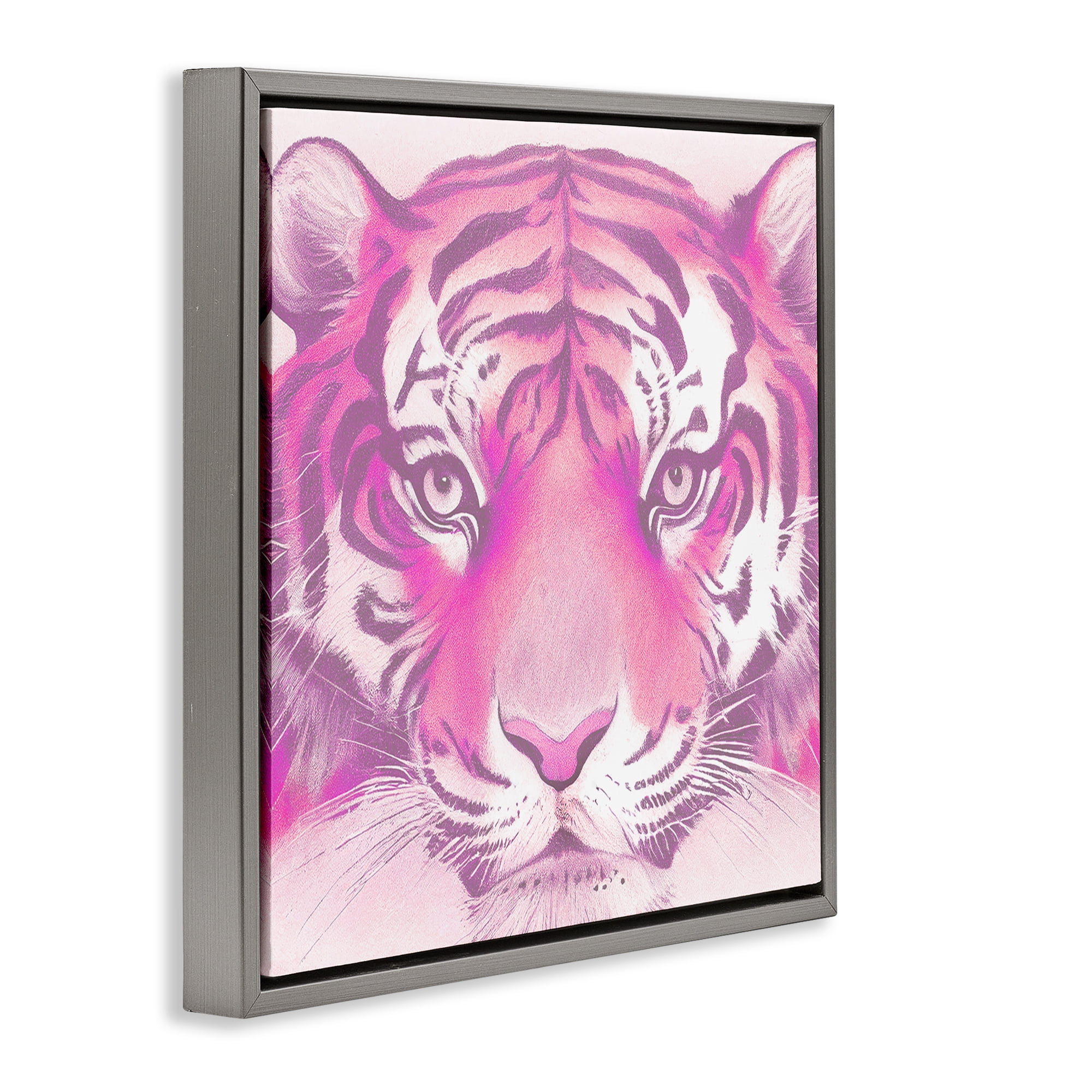 Stupell Industries Pink Tiger Face Animals Painting Gray Floater Framed Canvas Art Print Wall Art, 25 x 25