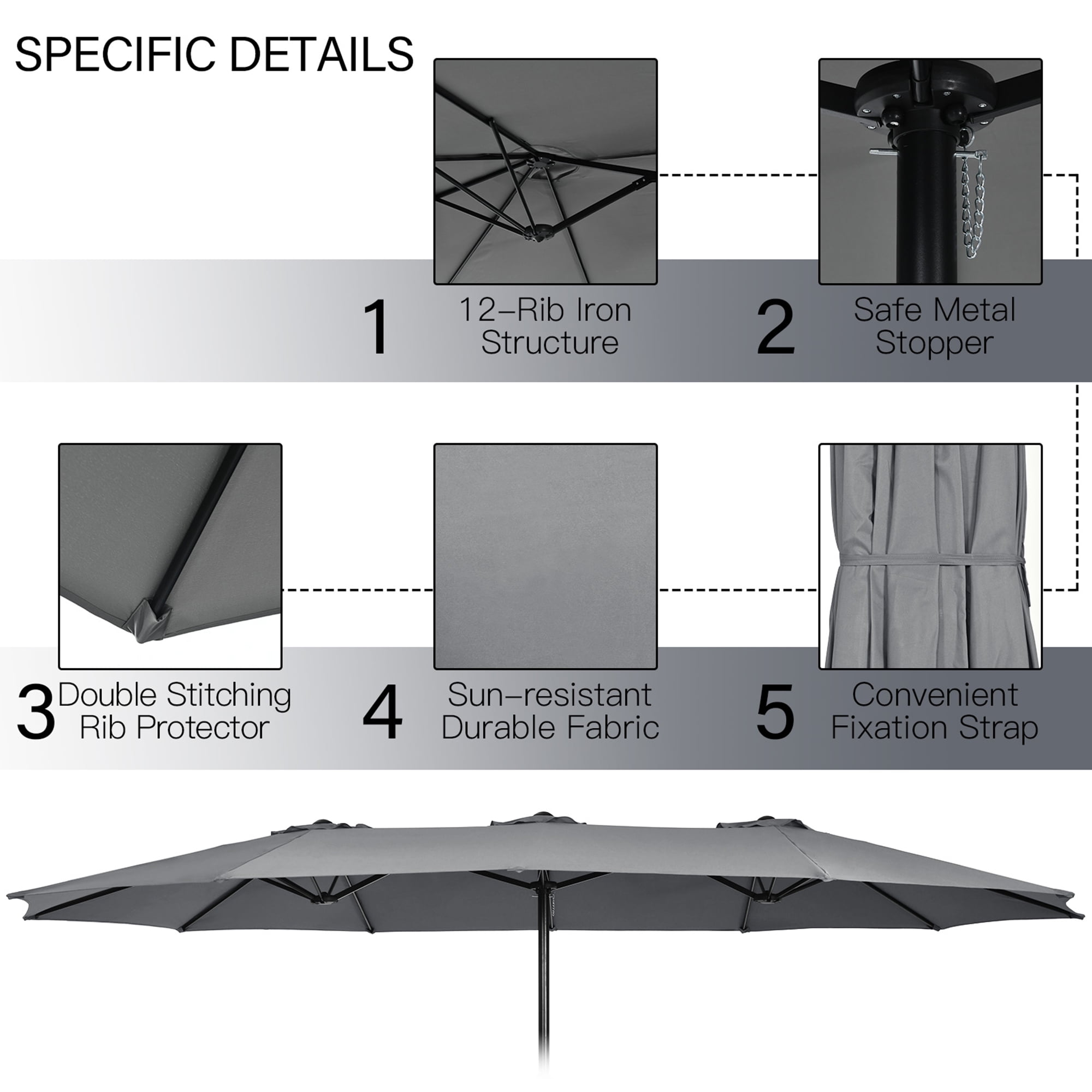 Gymax 15 ft Double-Sided Patio Twin Umbrella Extra-Large Market Umbrella w/ Base Grey