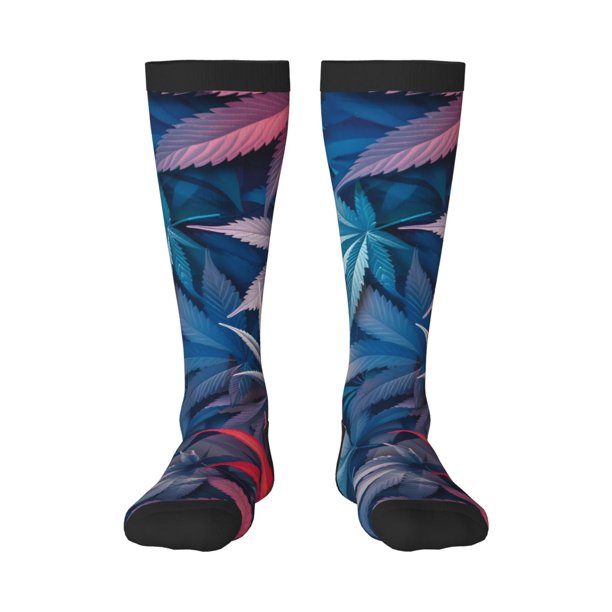 Fotbe Red And Blue Leaves Calcetas Divertidas Estampadas para Hombre y Mujer, Calcetas de Algodón hasta la Rodilla para Caminar, Correr, Enfermería y Embarazo