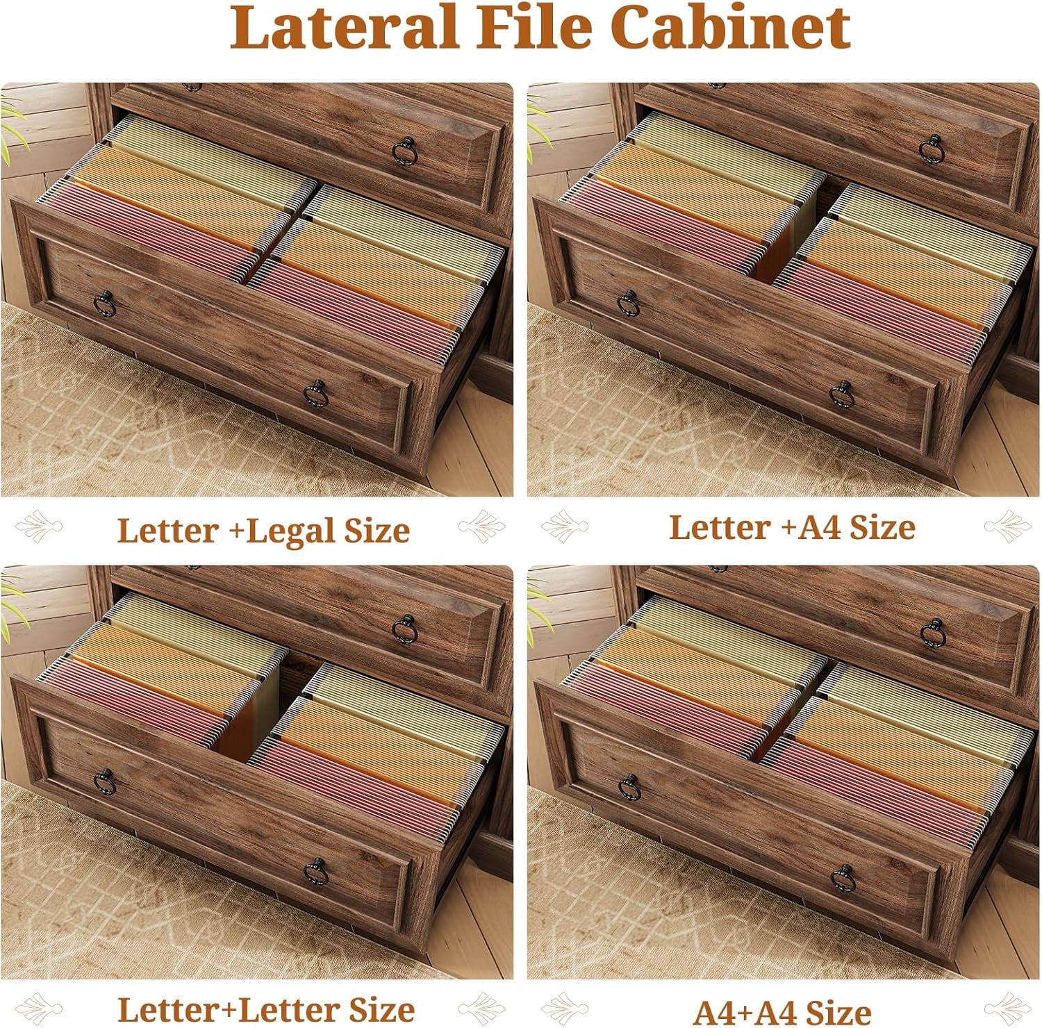 2 Drawer File Cabinet, Farmhouse Filing Cabinet for Home Office Fits Letter, Legal, A4 Size, Wood Lateral File Cabinet with Printer Stand, Storage Shelf, Brown