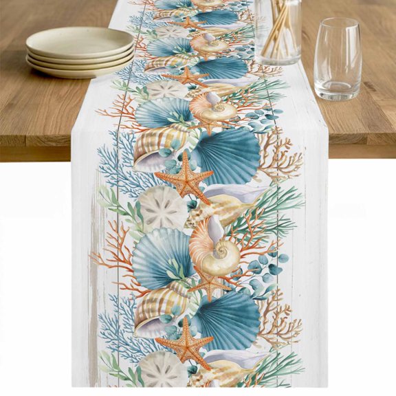 Vintage Beach Coastal Table Runner - 70 Inch Long Nautical Shell Starfish Coral Summer Cotton and Linen Blended Dress Scarves Farmhouse Table Runner for Kitchen Dining, Coffee Table, 13" x 70"