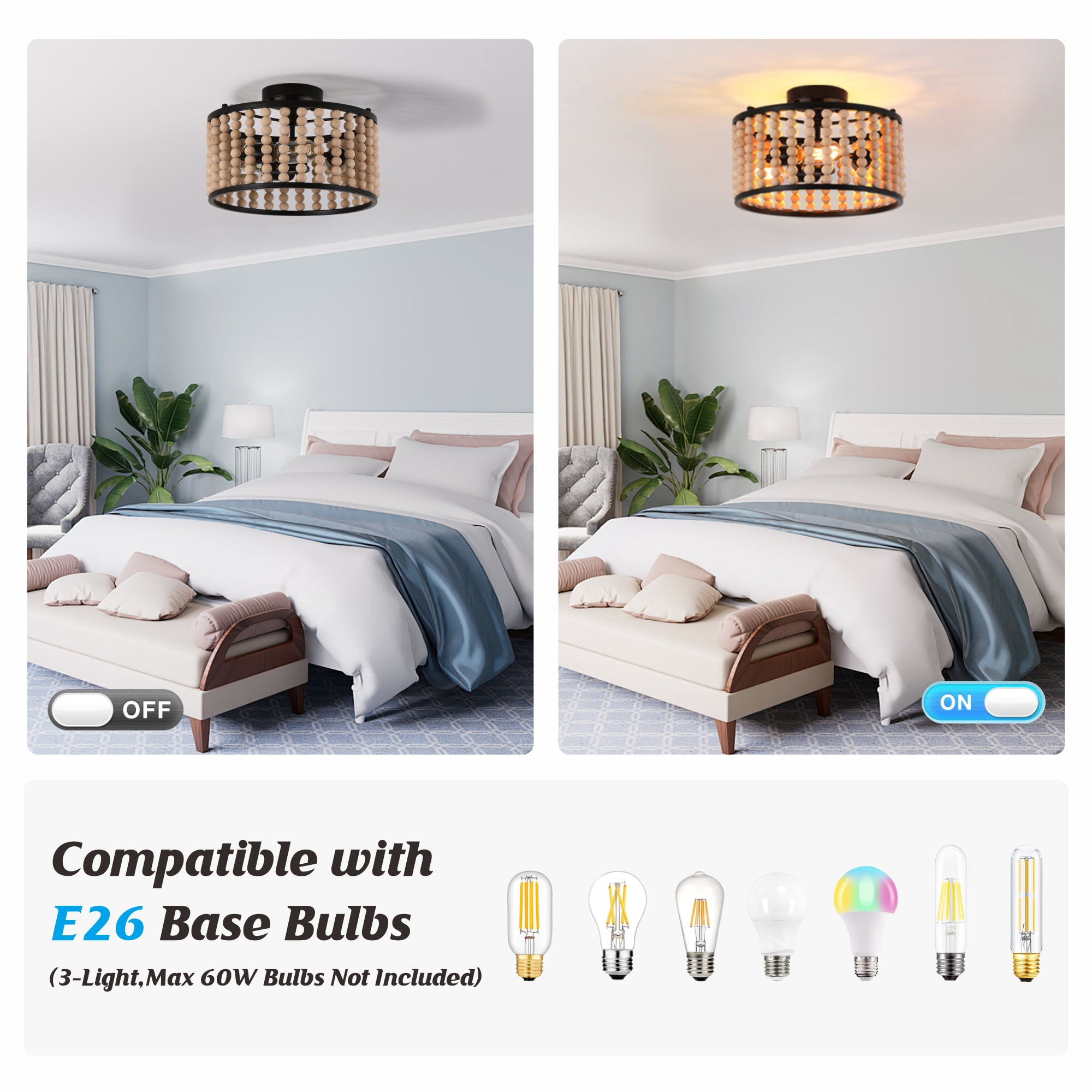GCGAFUL Bohemian Wood Beaded Flush Mount Ceiling Light. It is an Rustic 3 Light. The 13 Inch Mini Round Black Version Is Suitable For Girls' rooms, Bedrooms, Hallways, With E26 base.