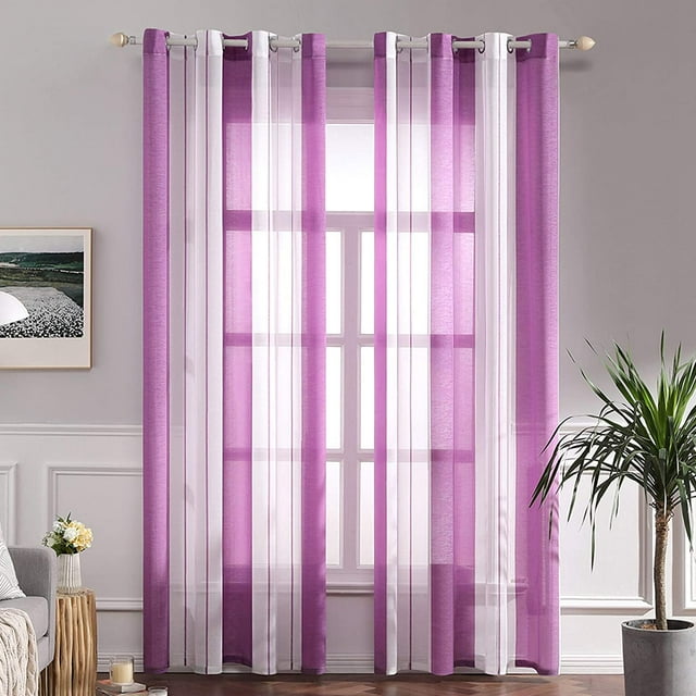 2 Pcs de Rideaux en Tulle / Filé / Transparent / Perforé en Polyester de Haute Qualité, Couleur : Violet + Blanc, Taille : 132x214cm