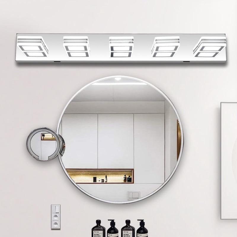 32" Modern Chrome 5-Light LED Vanity Light with Square Acrylic Shades, Hardwired Wall Mount Bathroom Lighting Fixture for Mirror, Powder Room, or Bedroom Décor