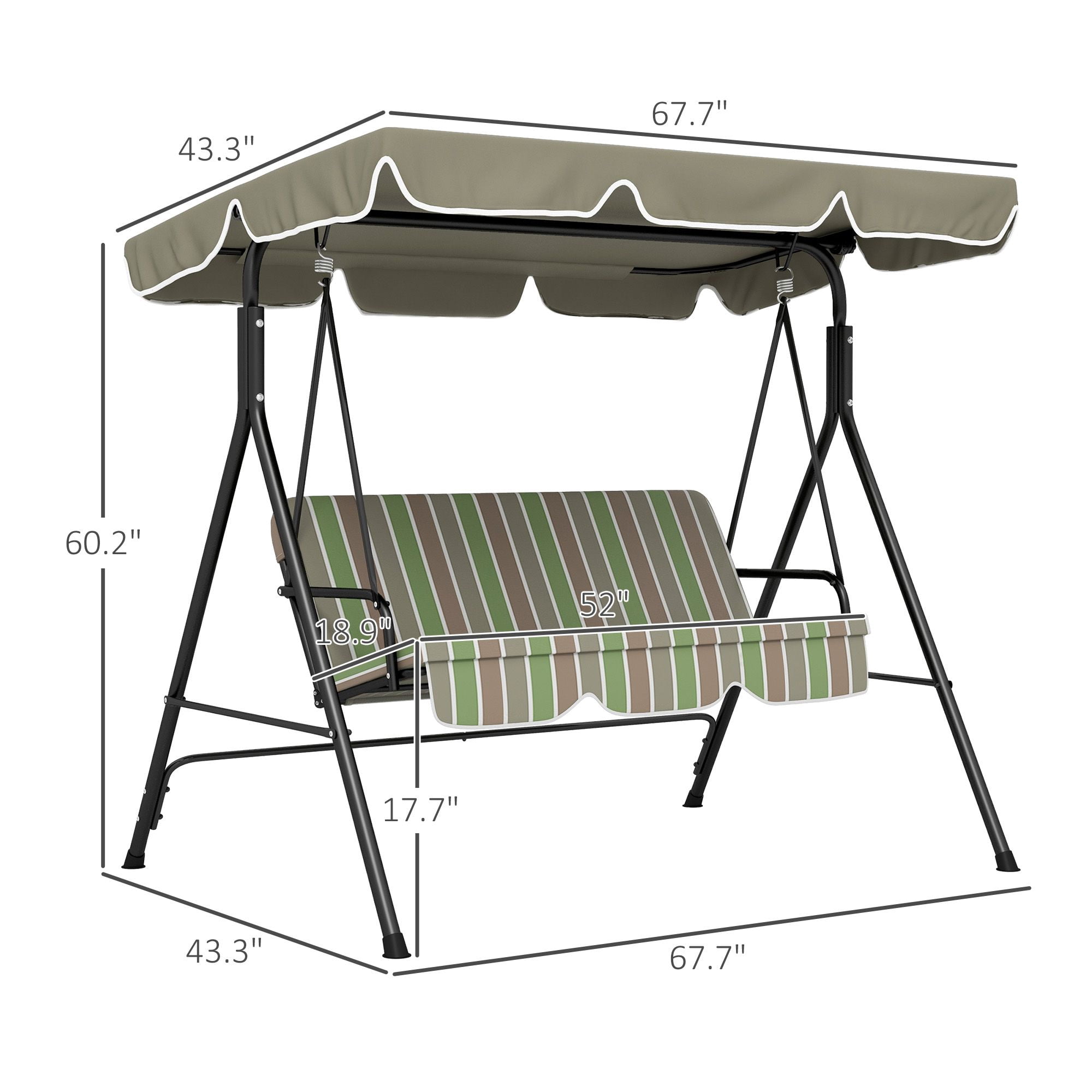 3 Person Outdoor Porch Swing with Stand & Adjustable Tilt Canopy, Cushioned Patio Swing Bench Heavy Duty A-Frame Steel Supports 594lbs for Backyard Poolside Balcony