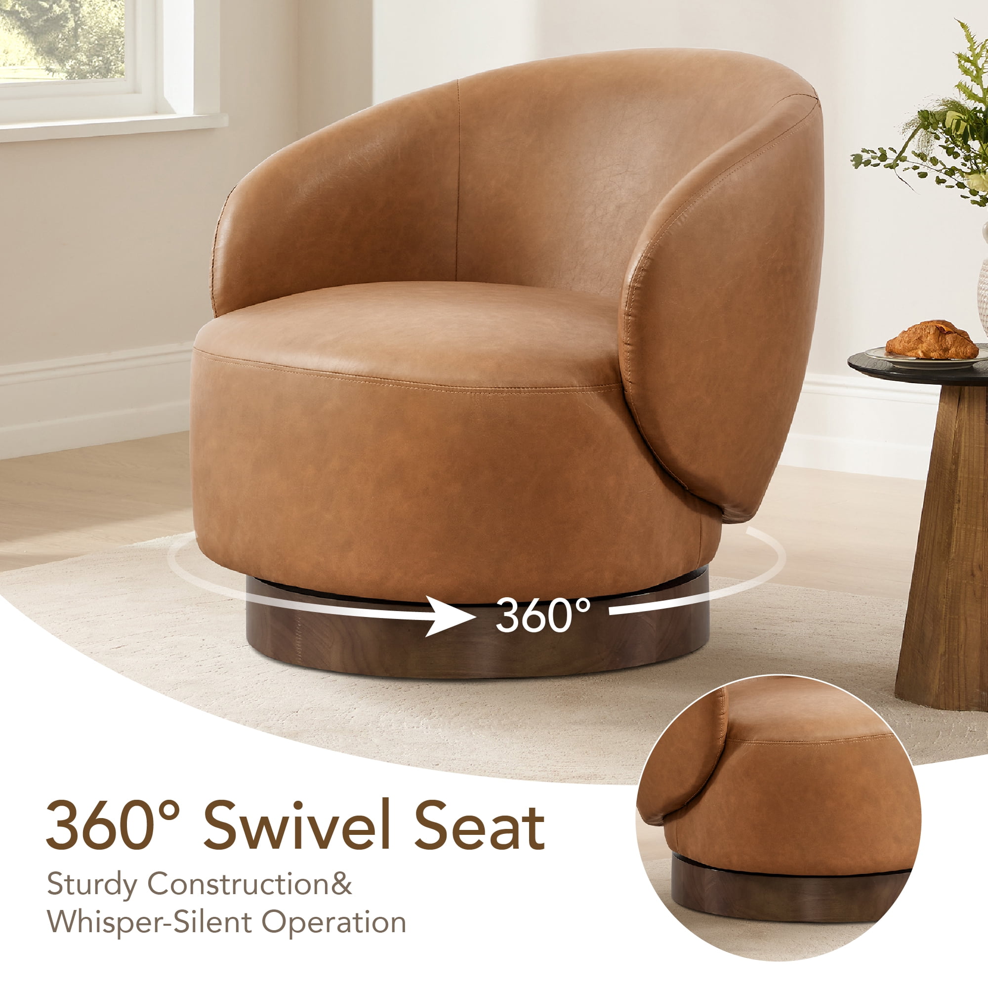 Spruce & Spring Upholstered Swivel Accent Chair with Curved Back Single, Saddle Brown-Faux Leather