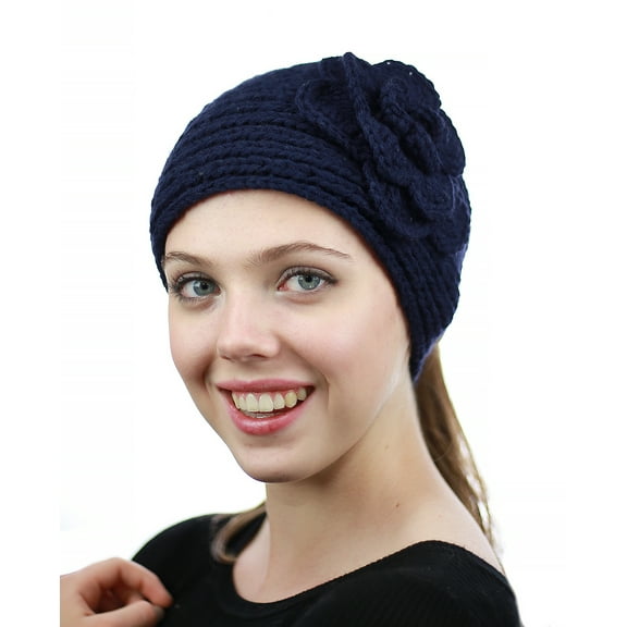 NYFASHION101 Stone Accent Hand Knitted Flower Winter Headband Headwrap - NAG15Y, Navy