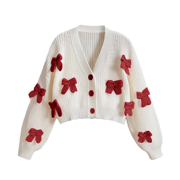 GiLiling Girls Bow Cardigan - V Neck Button Down Knitted Crop Sweater with 3D Bow Knot, Long Sleeve Cute Outerwear (Red, 13-16 Years)