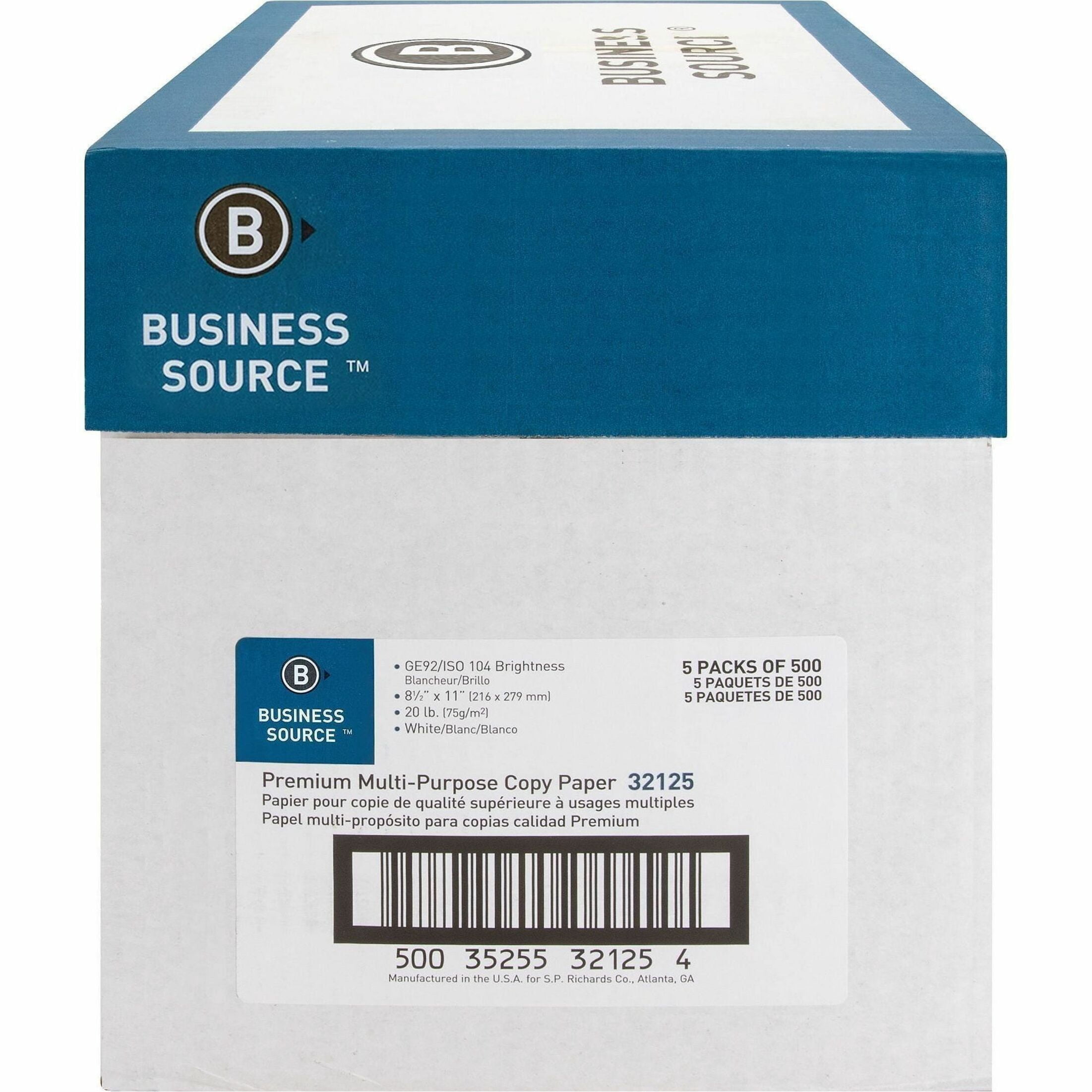 Business Source, BSN32125, Premium Multipurpose Copy Paper, 2500 / Carton, White