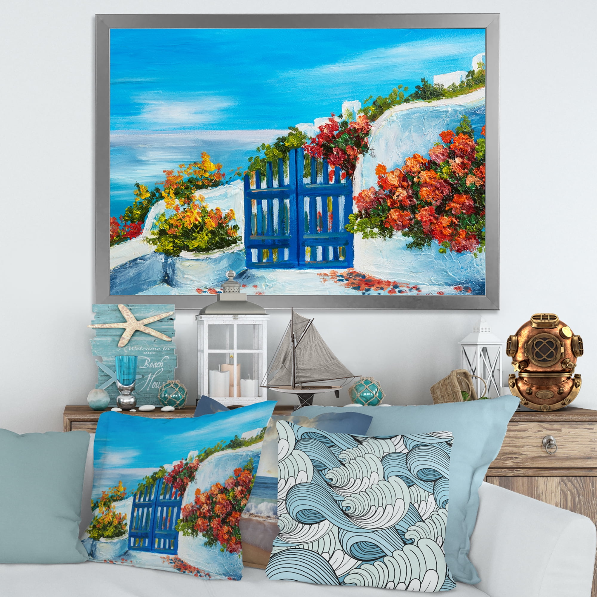 Designart 'House With Colorful Flowers Near The Sea III' Nautical & Coastal Framed Art Print