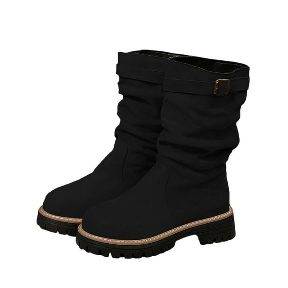 Black Ladies Fashion Stacked Boots With Belt Buckle And Thick Heel For Versatile Styling In Cold Weather
