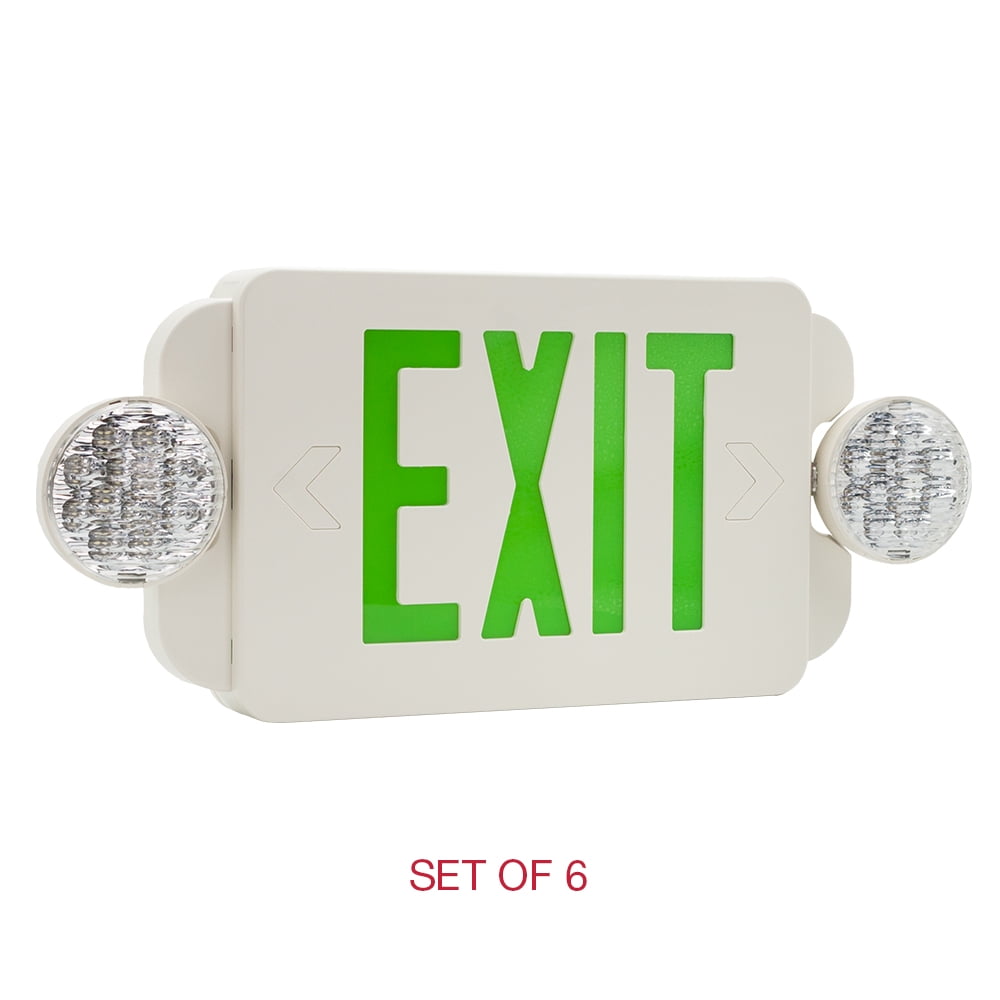 6 Packs of LED Green Exit sign Emergency Light Combo with Battery Back-Up