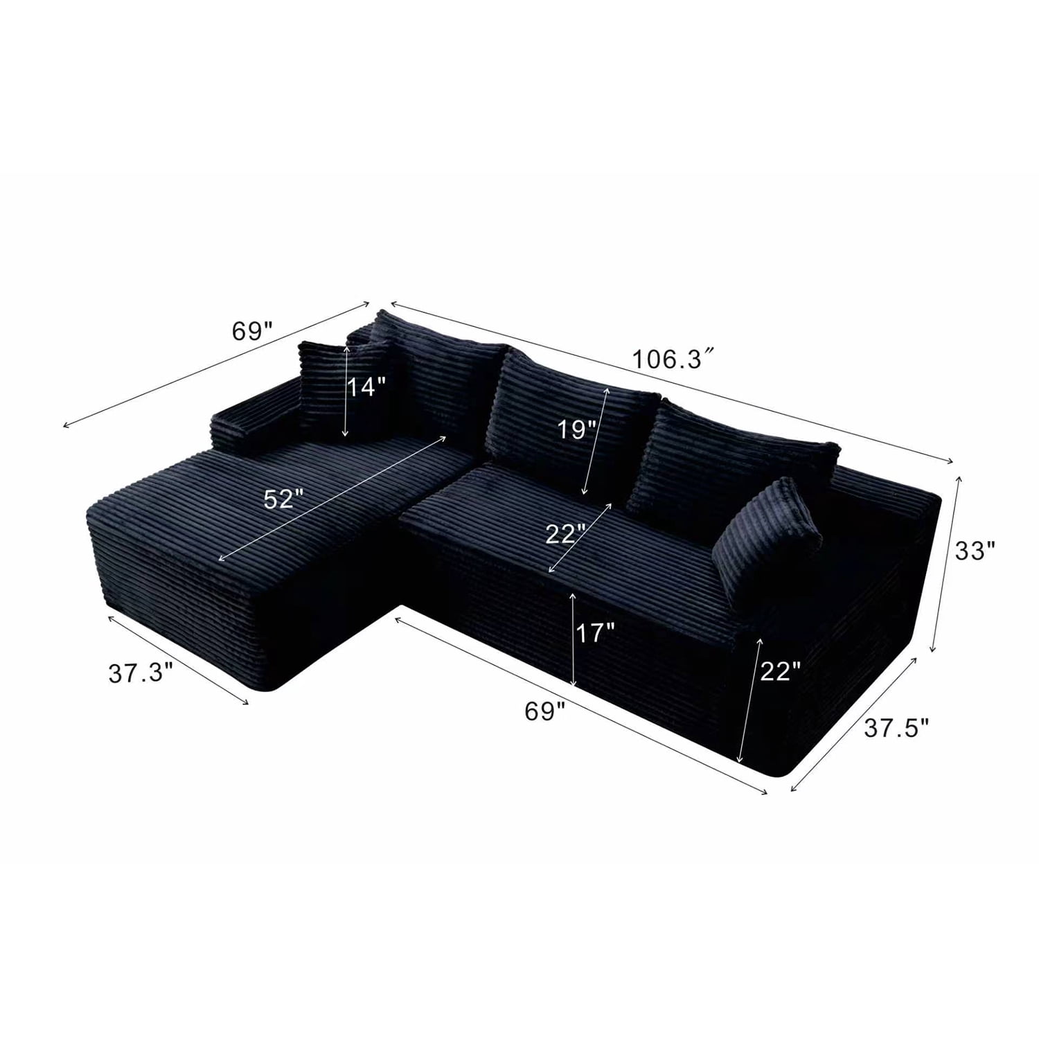 106 inch L Shape Cloud Couch Modular Sectional Sofa Corduroy Boneless Sofa Couch with Chaise, No Assembly Sofa for Living Room, Black
