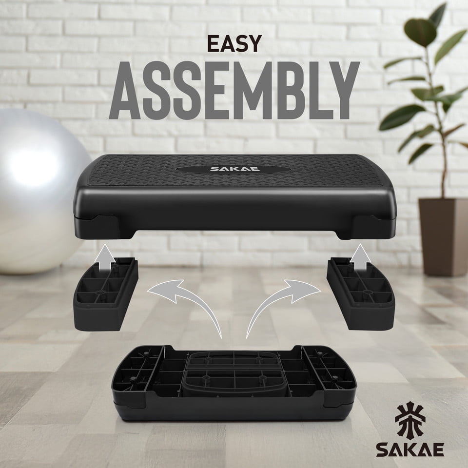 SAKAE Black Exercise Step Platform Set with Ankle Weights & Measuring Tape, Adjustable Height 2 Level Risers Workout Step Trainer, Aerobic Steppers for Home Gym Exercise Fitness Workout