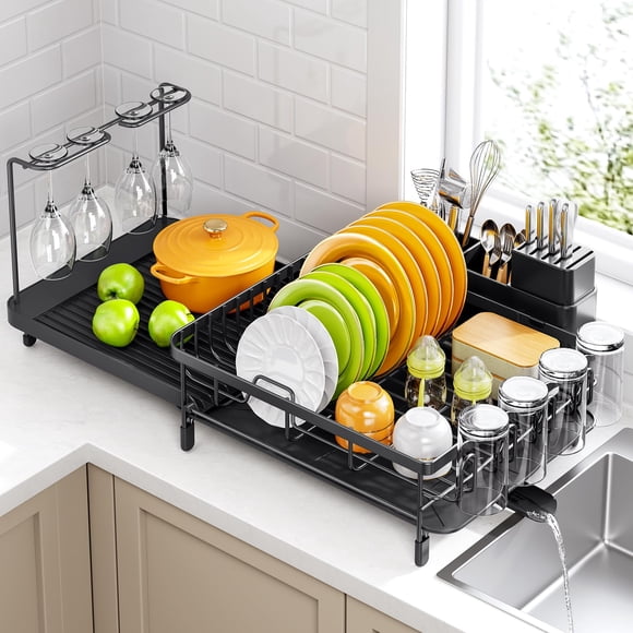 Urackify Large Dish Drying Rack, Expandable Dish Rack with Drain Board, Large Dish Drainer for Kitchen Couter, Dish Dryer Rack wi