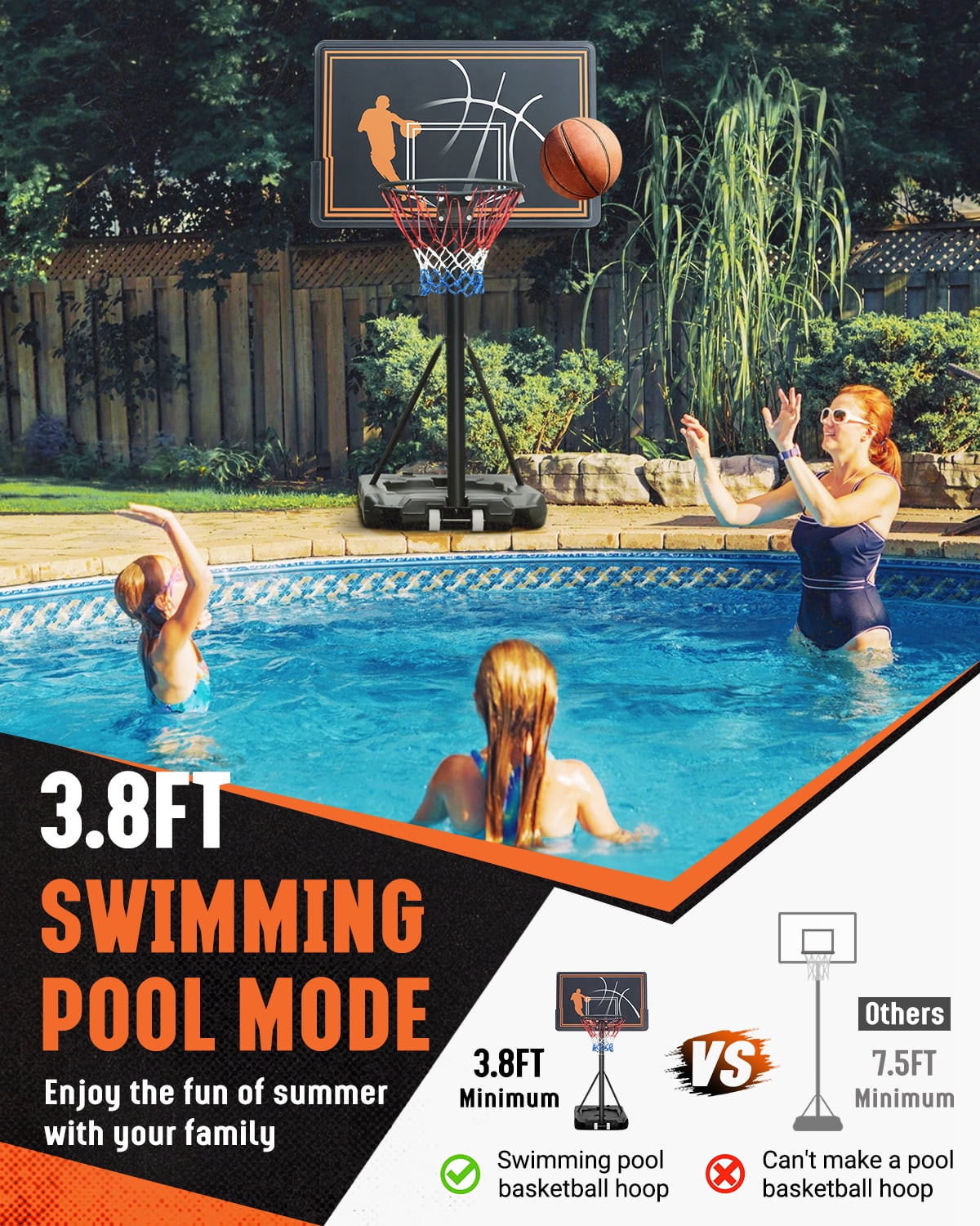 SERAY Basketball Hoop with 44 inch Backboard and 2 Wheels, Basketball Hoop Outdoor 3.8-10 feet Adjustable Height for Kids/Adults Outdoor/Indoor Sports