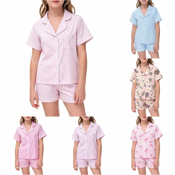 LIIPEE Girls Pajamas Kids Summer Cute Cartoon Graphic Print Flat Collar Short Sleeve Button-Up Shirts And Shorts Sleepwear 2 Piece Set Daily Fashion Comfortable Nightwear,8-9 Years