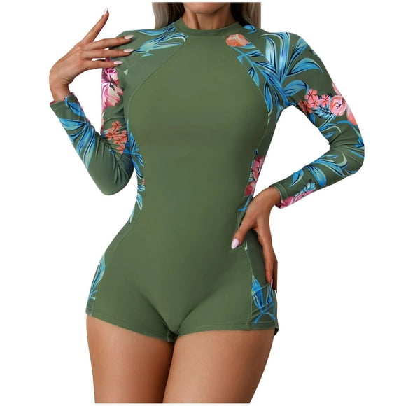 Pisexur Women's Floral Print Tie Back Backless Long Sleeve Bathing Suit Boho Rash Guard One Piece Swimsuit UV UPF 50+ Sun Protection Surfing Swimwear Bodysuit