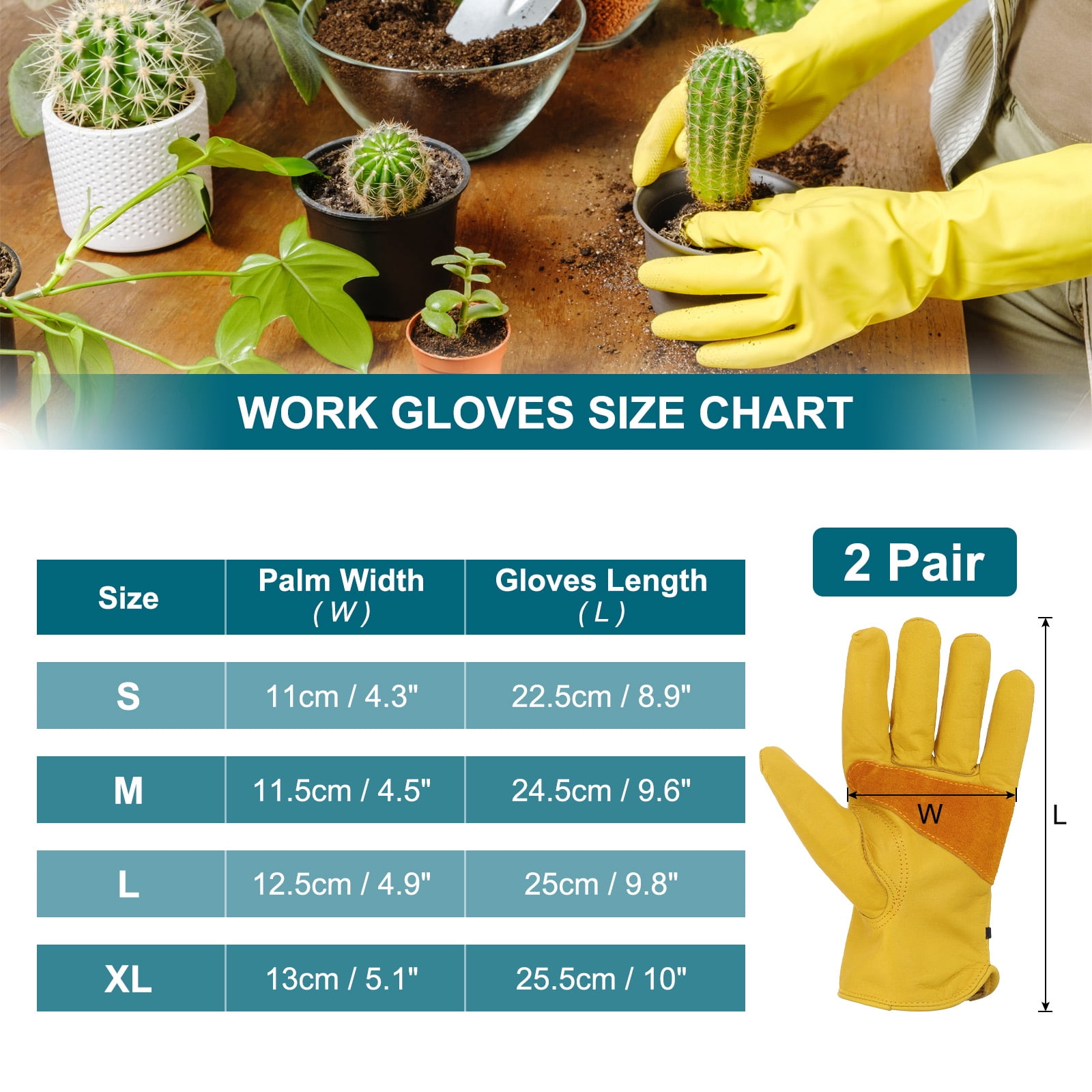 Uxcell Leather Work Gloves, Adjustable Cowhide Working Gloves, Yellow-S, 2 Pairs