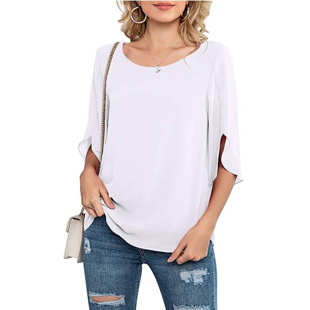 Pntutb moda mujer casual cuello redondo suelta tops 3/4 manga gasa blusa camisa tops Pntutb Pntutb-6931