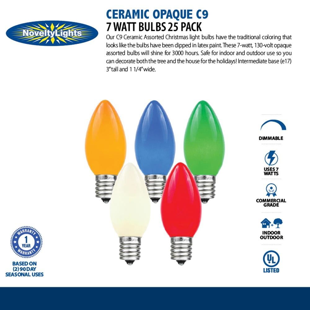 Novelty Lights Ceramic Red C9 Incandescent Traditional Vintage Christmas Replacement Bulbs 25 Pack