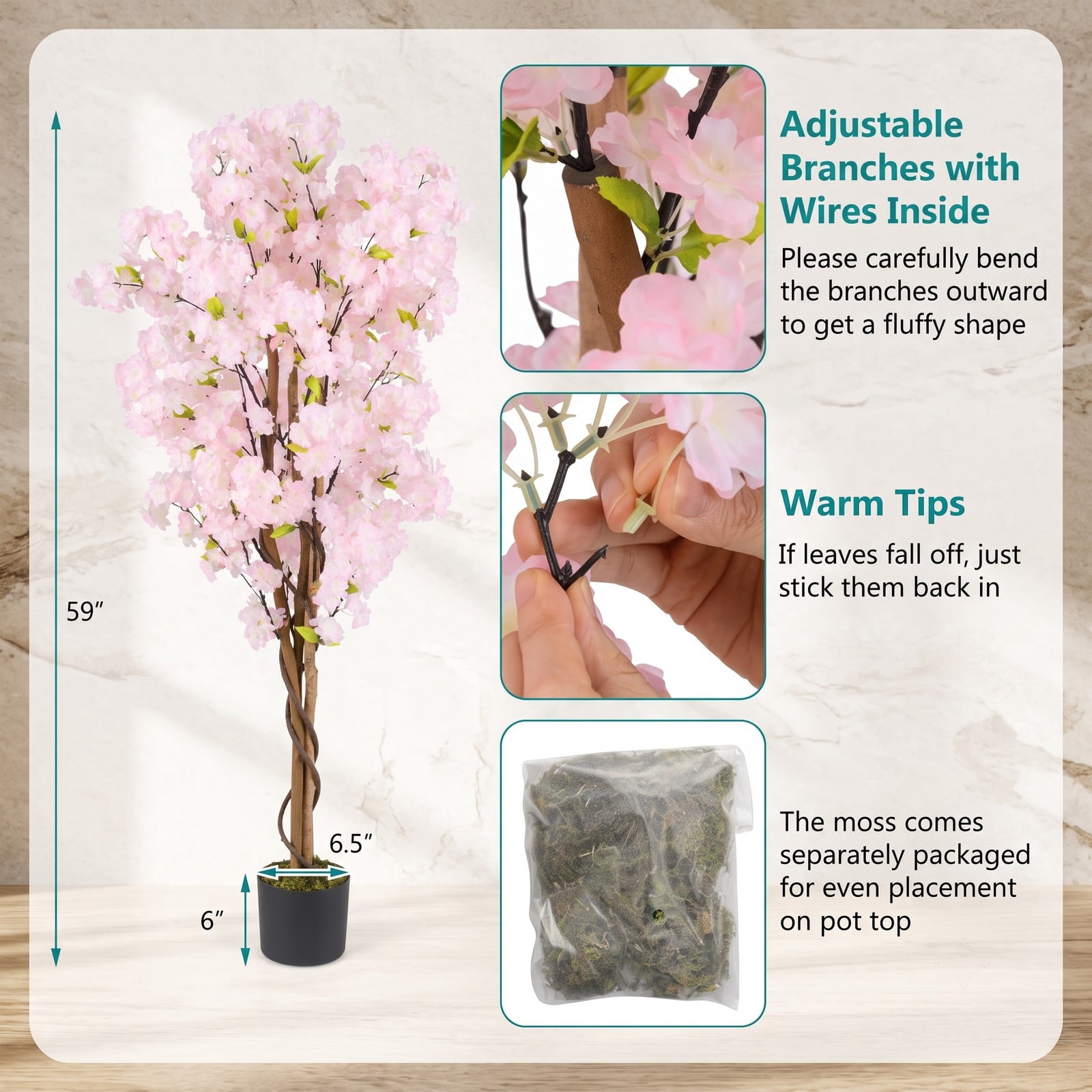 ALPULON 5 FT Artificial Cherry Blossom Tree with Pink Flowers, Faux Silk Blossom Tree with Cement-Filled Pot and Adjustable Branches for Home Office Wedding, Pink