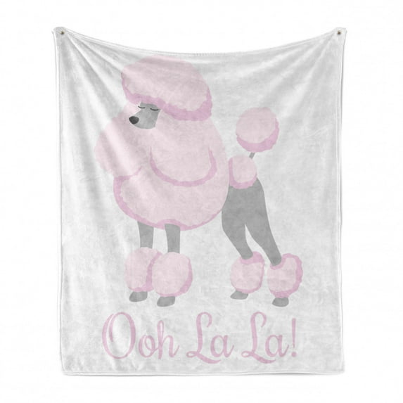 Ooh La La Soft Flannel Fleece Throw Blanket, Poodle Interpretation with Typography Animal Lovers Theme Print, Cozy Plush for Indoor and Outdoor Use, 60" x 80", Pale Mauve and Pale Taupe, by Ambesonne